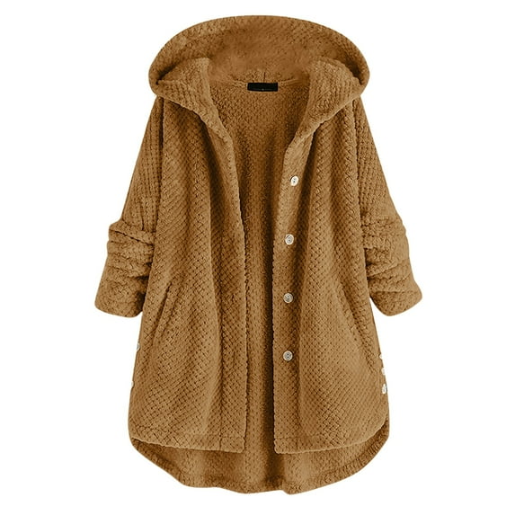 POIUYTR Womens Winter Sherpa Jacket Plus Size Long Sleeve Button UP Cute Fleece Hooded Cardigan Open Front Fuzzy Teddy Coat Outerwear with Pockets 2024