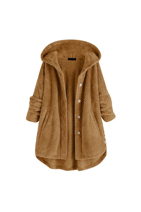 Womens Winter Sherpa Jacket Plus Size Long Sleeve Button UP Cute Fleece Hooded Cardigan Open Front Fuzzy Teddy Coat Outerwear with Pockets 2024