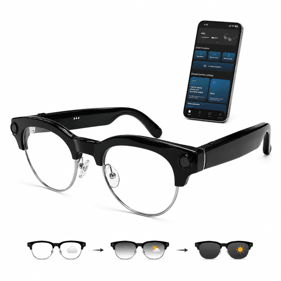 POJETIX AI Smart Glasses with Camera, Half-Rim Photochromic Audio Sunglasses