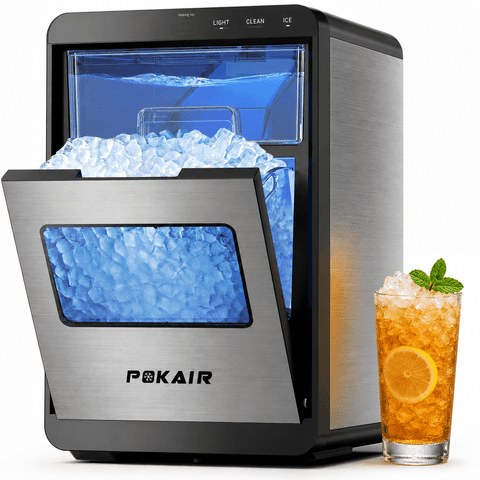 POKAIR Nugget Ice Maker Countertop, Sonic-Style Chewable Pebble Ice in 9 Min, 44 lbs/Day, Touch Screen, Self-Cleaning, ETL, Brushed Stainless Steel