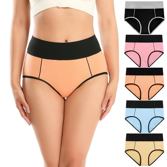 POKARLA Women's High Waisted Cotton Underwear Soft Breathable Panties Stretch Briefs Regular & Plus Size 5-Pack