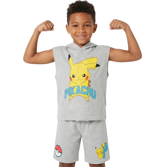 POKEMON Boys Pickachu Hooded Muscle T- Shirt and Shorts Clothing Set- Little and Big Boys Sizes 4-20