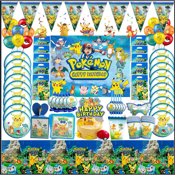 POKEMON Party Supplies, Birthday Party Supplies Set, Party Decorations & Pokemon Tableware Set Party Plates Cups Napkins Tablecloth Balloons Backdrop Banner etc.