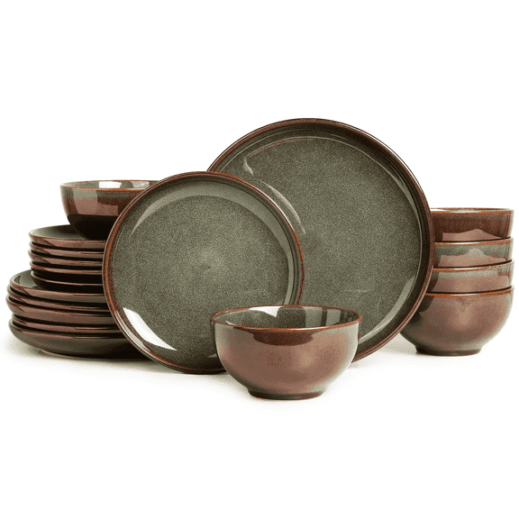Pokini 18-Piece Stoneware Dinnerware Sets, Plates and Bowls Dish Sets for 6, Brown Green