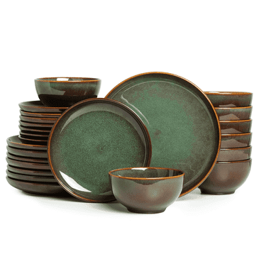 Pokini 24-Piece Stoneware Dinnerware Sets, Plates and Bowls Dish Sets for 8, Brown Green