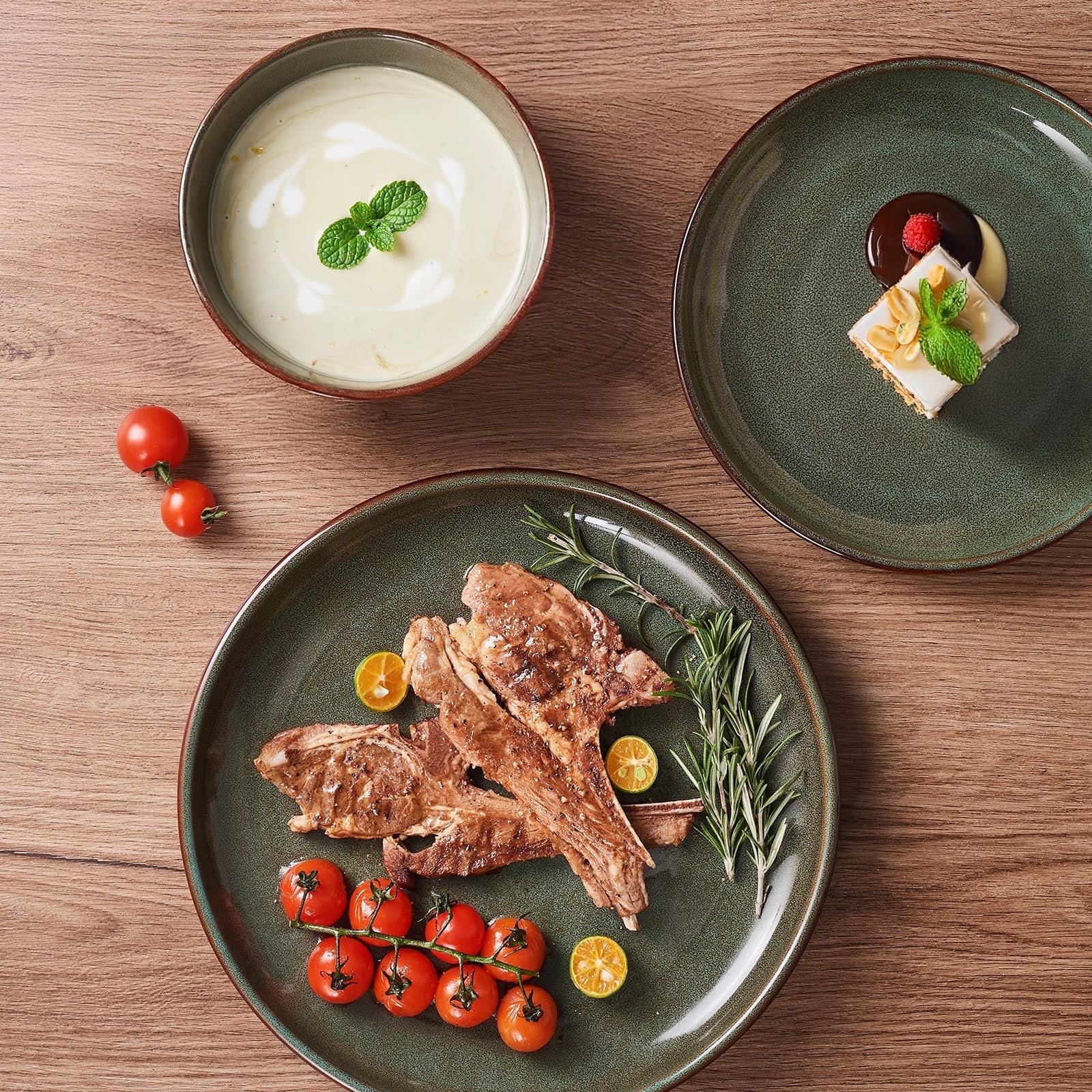 Pokini 12-Piece Stoneware Dinnerware Sets, Plates and Bowls Dish Sets for 4, Brown Green - Walmart.com