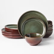 Pokini 12-Piece Stoneware Dinnerware Sets, Plates and Bowls Dish Sets for 4, Brown Green