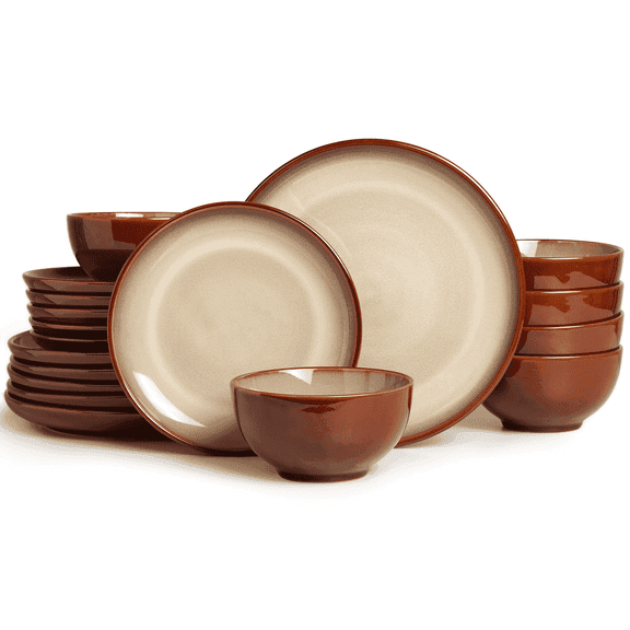 Pokini 18-Piece Stoneware Dinnerware Sets, Plates and Bowls Dish Sets for 6, Brown Yellow