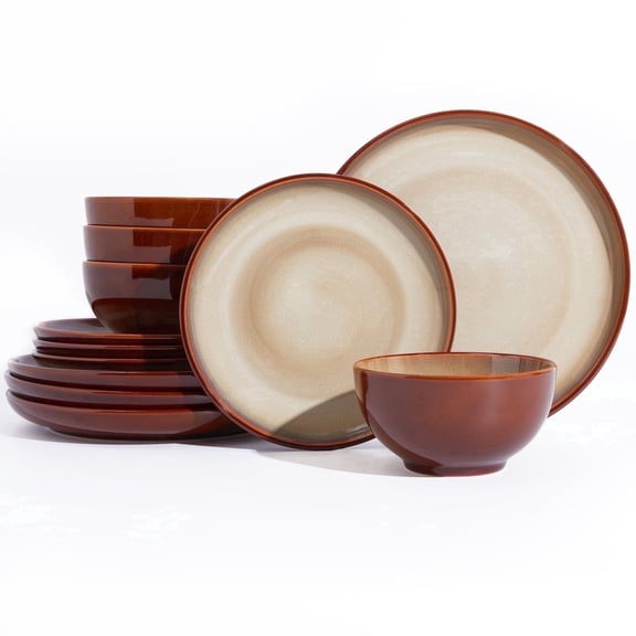 Pokini 12-Piece Stoneware Dinnerware Sets, Plates and Bowls Dish Sets for 4, Brown Yellow