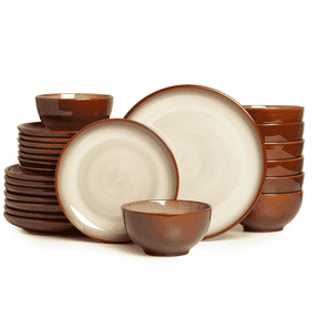 Pokini 24-Piece Stoneware Dinnerware Sets, Plates and Bowls Dish Sets for 8, Brown Yellow