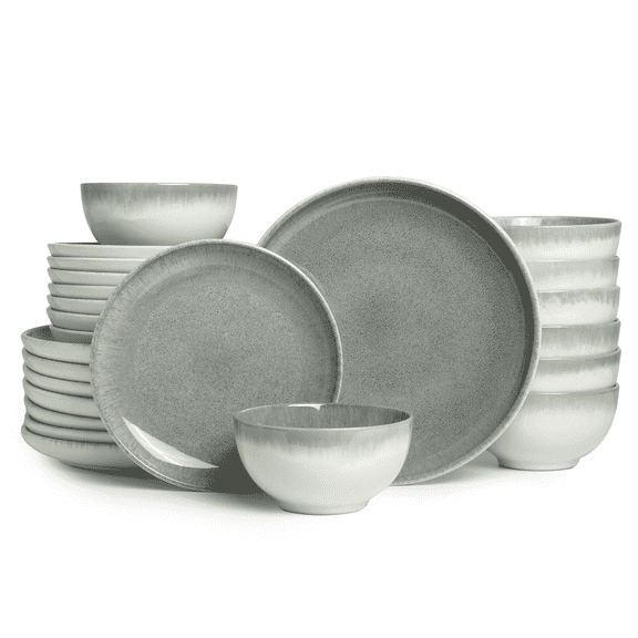 Pokini 24-Piece Stoneware Dinnerware Sets, Plates and Bowls Dish Sets for 8, Gradient Green
