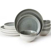 Pokini 12-Piece Stoneware Dinnerware Sets, Plates and Bowls Dish Sets for 4, Gradient Green