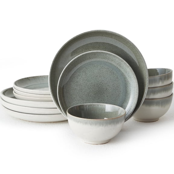 Pokini 12-Piece Stoneware Dinnerware Sets, Plates and Bowls Dish Sets for 4, Gradient Green