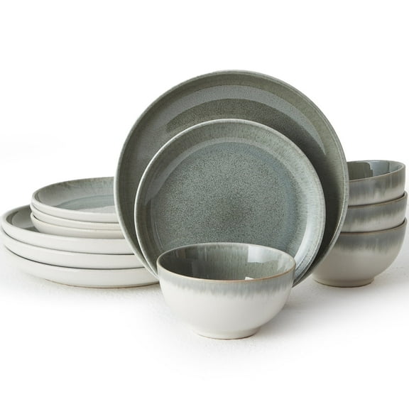 Pokini 12-Piece Stoneware Dinnerware Sets, Plates and Bowls Dish Sets for 4, Gradient Green