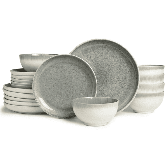 Pokini 18-Piece Stoneware Dinnerware Sets, Plates and Bowls Dish Sets for 6, Gradient Green