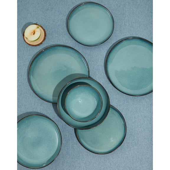 Pokini 12-Piece Stoneware Dinnerware Sets, Kitchen Plates and Bowls Sets, Dish Sets for 4,Green Black