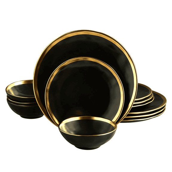 Pokini 12-Piece Dinnerware Sets, Plates and Bowls Dish Sets for 4, Modern Luxury Gold Rim Porcelain Dishware Sets, Black and Gold