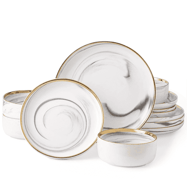 Pokini 12-Piece Dinnerware Sets, Plates and Bowls Dish Sets for 4, Modern Luxury Gold Rim Porcelain Dishware Sets, Marble Gray