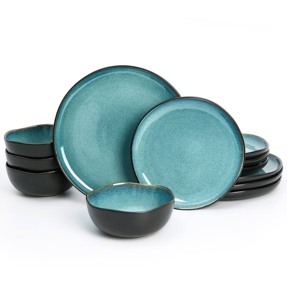 Pokini 12-Piece Stoneware Dinnerware Sets, Kitchen Plates and Bowls Sets, Dish Sets for 4,Green Black