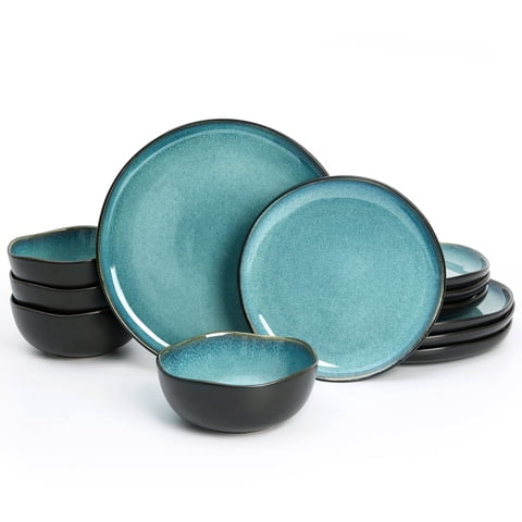 Pokini 12-Piece Stoneware Dinnerware Sets, Kitchen Plates and Bowls Sets, Dish Sets for 4,Green Black