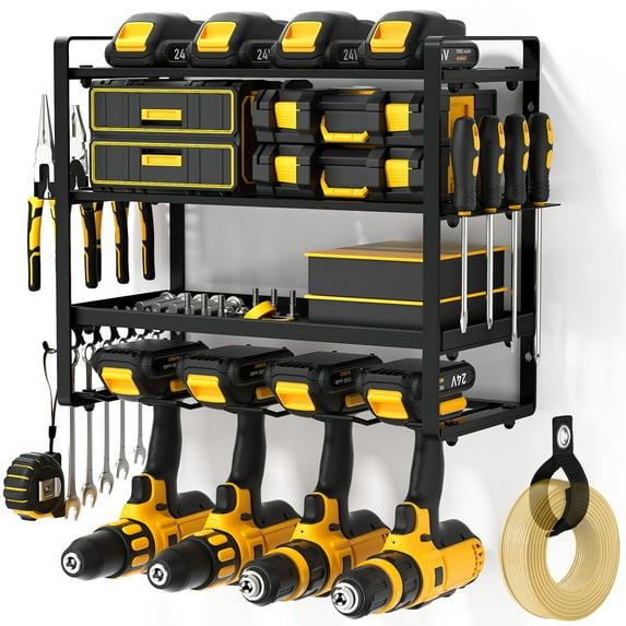 POKIPO Power Tool Organizer Wall Mount, Heavy Duty Drill Holder, Garage Tool Organizer and Storage, Suitable Tool Rack for Tool Room, Workshop, Garage, Utility Storage Rack for Cordless Drill (4 Tier)