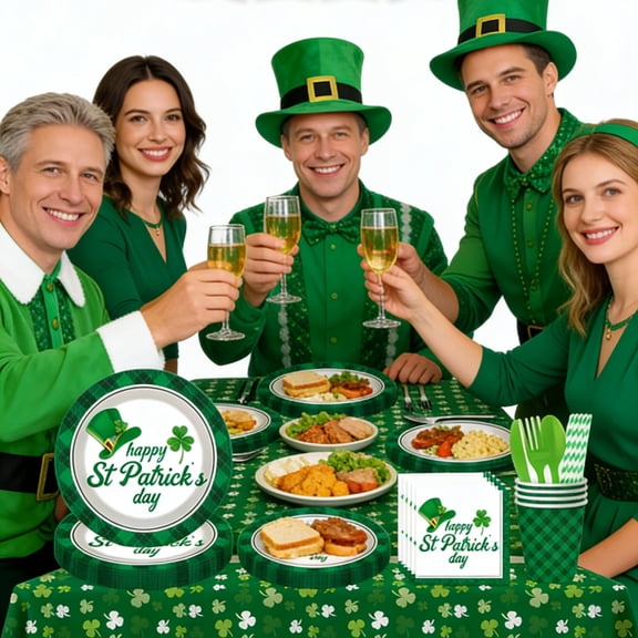 POKPTHF St. Patrick’s Day Tableware Set, Disposable Plates, Napkins, Cups, and Tablecloth, Green Shamrock Party Supplies for Holiday, Birthday, Picnic, Wedding