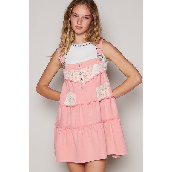 POL Lace Patchwork Detail Denim Overall Dress