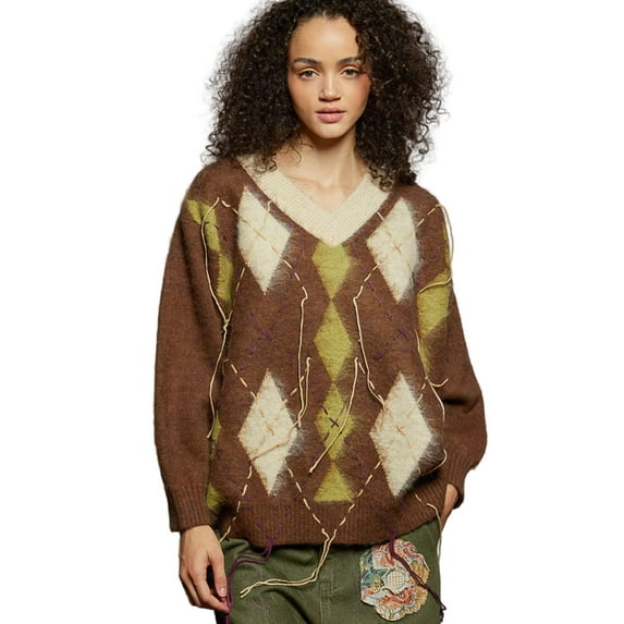 POL V-Neck Argyle Pattern Mohair Sweater with Contrast Exposed Stitch Detail