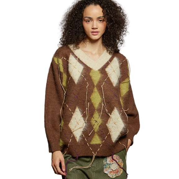 POL V-Neck Argyle Pattern Mohair Sweater with Contrast Exposed Stitch Detail