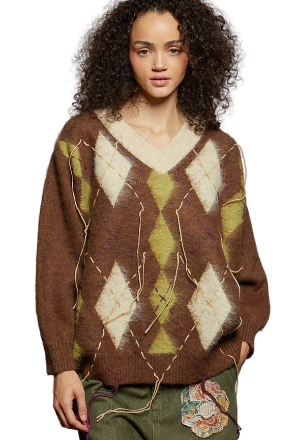 POL V-Neck Argyle Pattern Mohair Sweater with Contrast Exposed Stitch Detail