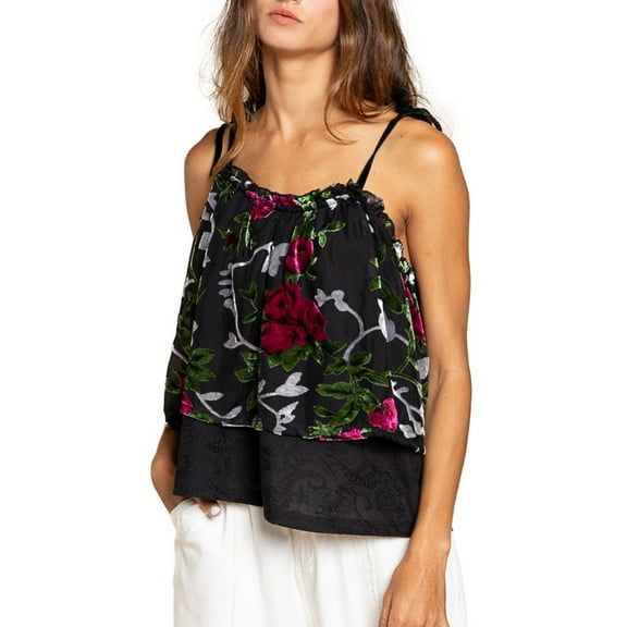 POL Women's Floral Burnout Velvet Embroidered Double Layered Ruffle Trim Cami Top-Black / S
