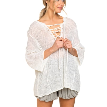 POL Women's Lace-up V-Neck Raw Edge Lightweight Knit Tunic Top Sweater (White, S)