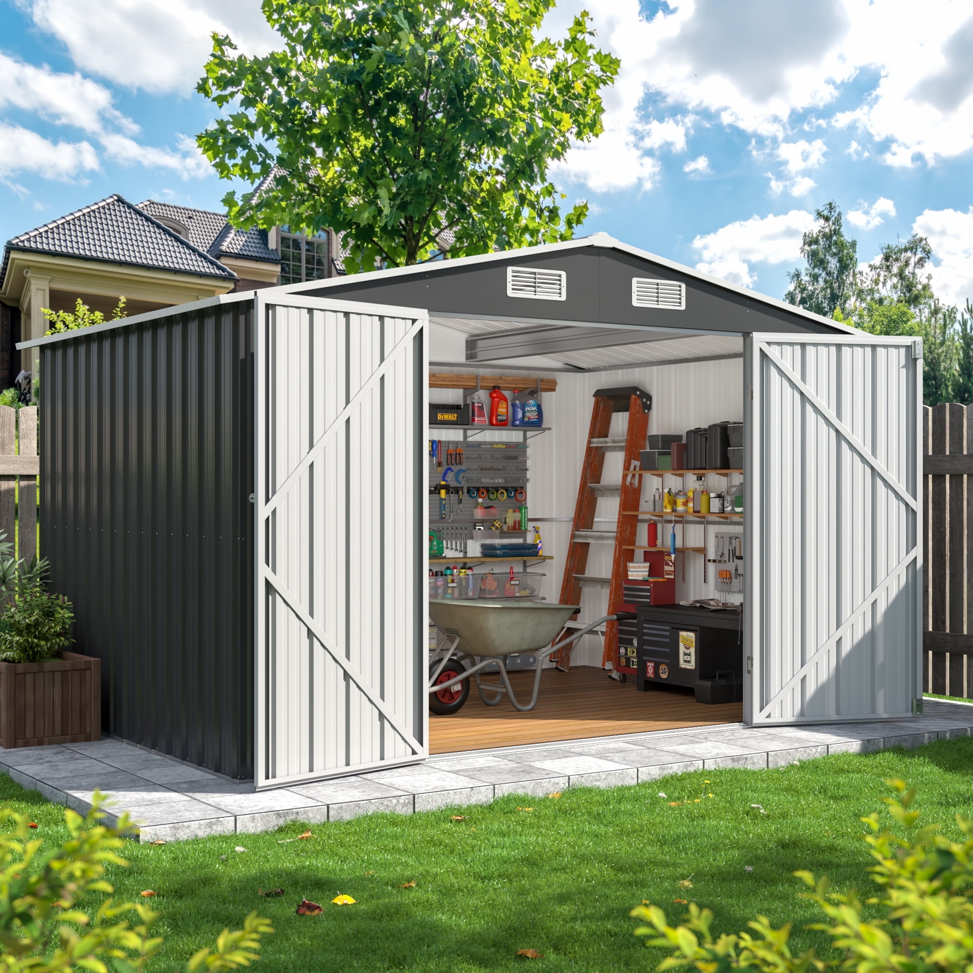 POLAHAKU 10 x 8 ft Outdoor Storage Shed, Metal Storage Shed with Thickened Metal Upgrade Frame and Lockable Door for Garden, Patio, Backyard