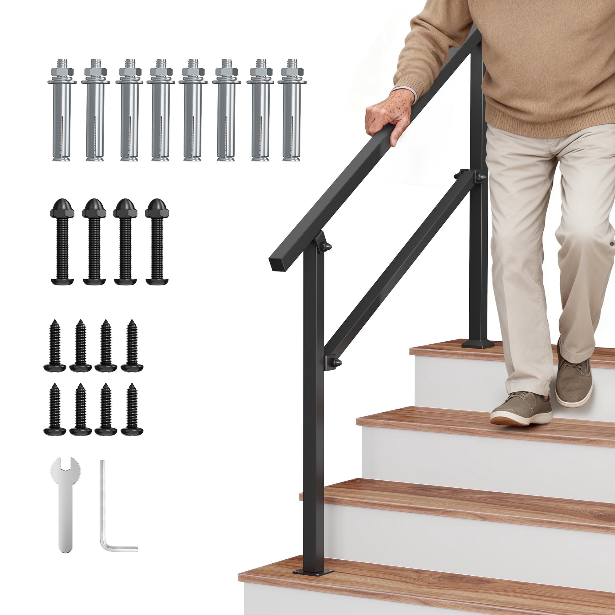 POLAHAKU 4-Step Outdoor Handrail, Black Galvanized Steel Railing for ...