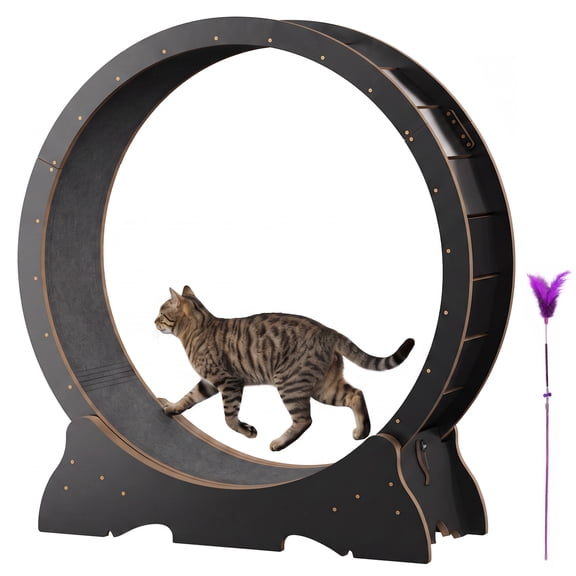 POLAHAKU 48'' Cat Exercise Wheel, Wooden Indoor Running Treadmill for Cats, Detachable Carpet Cat Wheel with Safety Lock for Running Walking, Training, Black