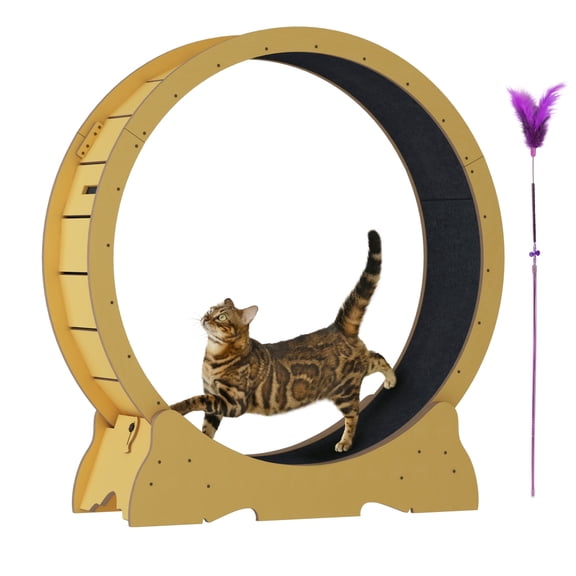 POLAHAKU 48'' Wooden Cat Wheel, Large Cat Wheel Treadmill for Indoor Cats, Detachable Carpet Cat Running Wheel with Cat Teaser Toy for Exercise, Walking, Training, Fits Most Cats Natural Wood