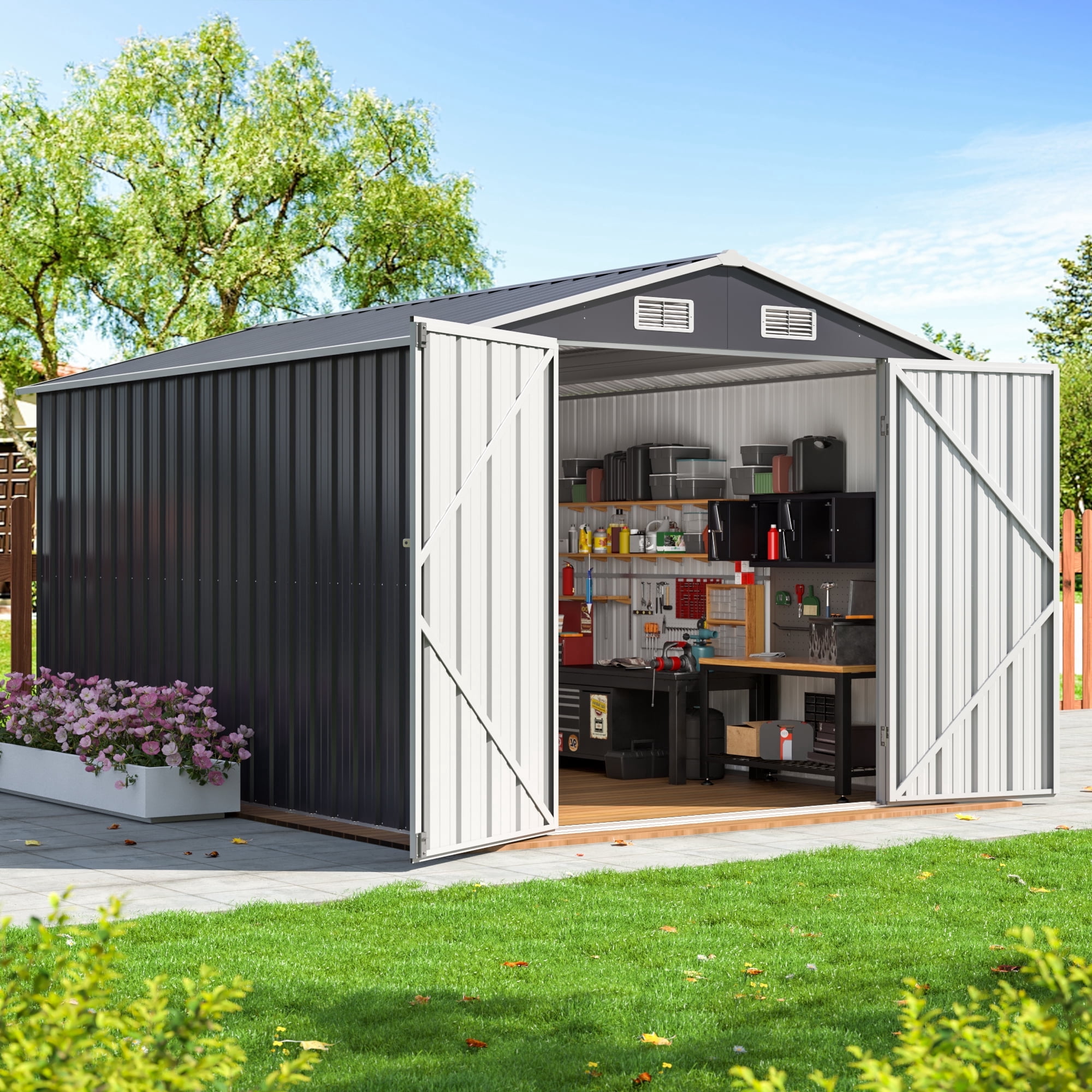 POLAHAKU 8'x12' Outdoor Metal Shed with Upgraded Frame Structure, Lockable Doors & Waterproof Design, Spacious Steel Storage Shed for Backyard, Patio, Lawn & Garden
