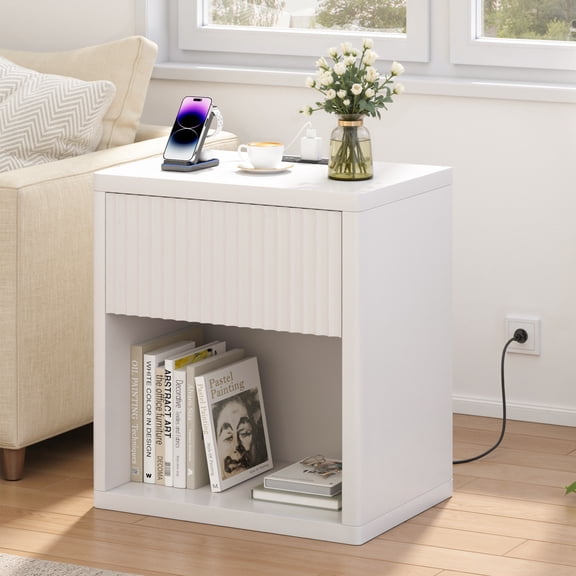POLAHAKU Nightstand with Drawer USB Charging Station Storage Fluted Bed Side Table End Table Large Modern Wide Bedside Stand Mid Century for Bedroom Living Room Sofa Couch, White