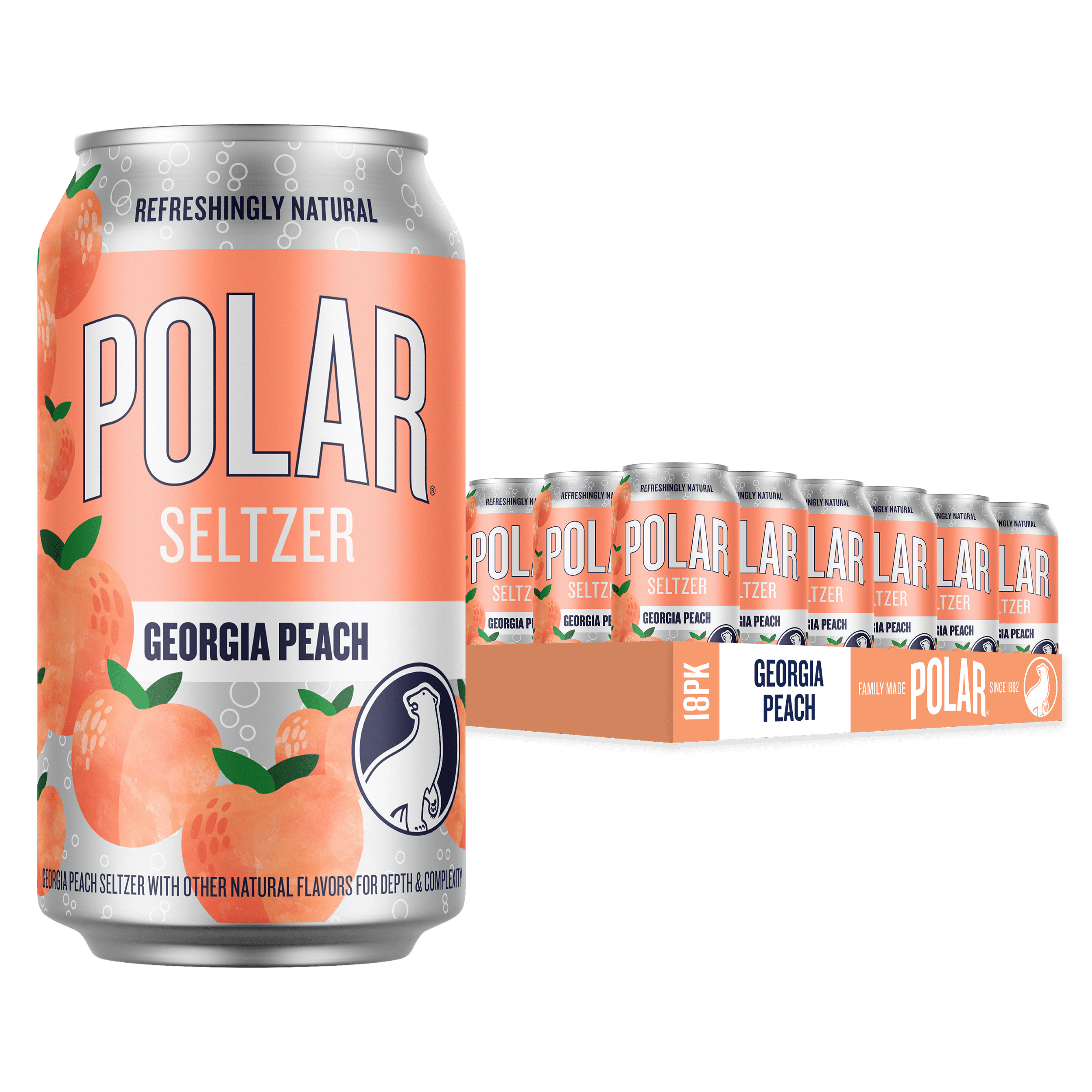 Polar Zero Calorie Georgia Peach Sparkling Seltzer Water, 12 fl oz, 18 Pack Cans
