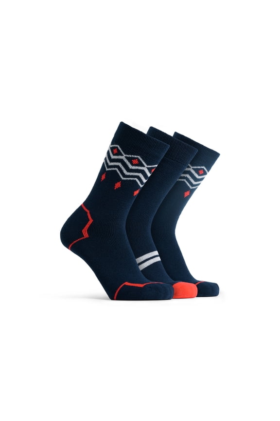 Polar Heat Socks for Men, 3 Pairs Spandex-Polyester Acrylic Crew Socks, Navy/Red, Size 7-12