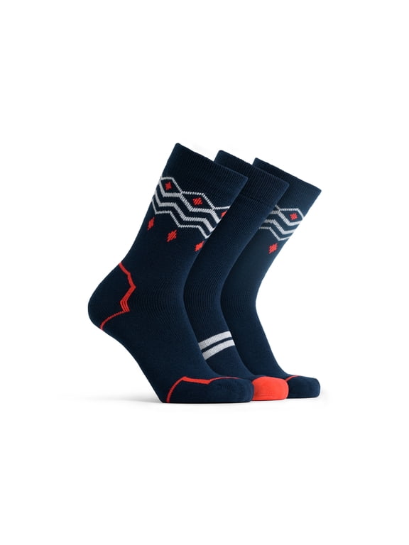 Polar Heat Socks for Men, 3 Pairs Spandex-Polyester Acrylic Crew Socks, Navy/Red, Size 7-12