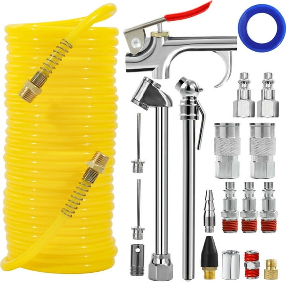POLARPRA Air Compressor Hose Kit with Blow Gun & Nozzles (25ft 1/4" NPT, 200 PSI) - 20pc Heavy Duty Accessory Set for Tires, Inflatables & Pneumatic Tools