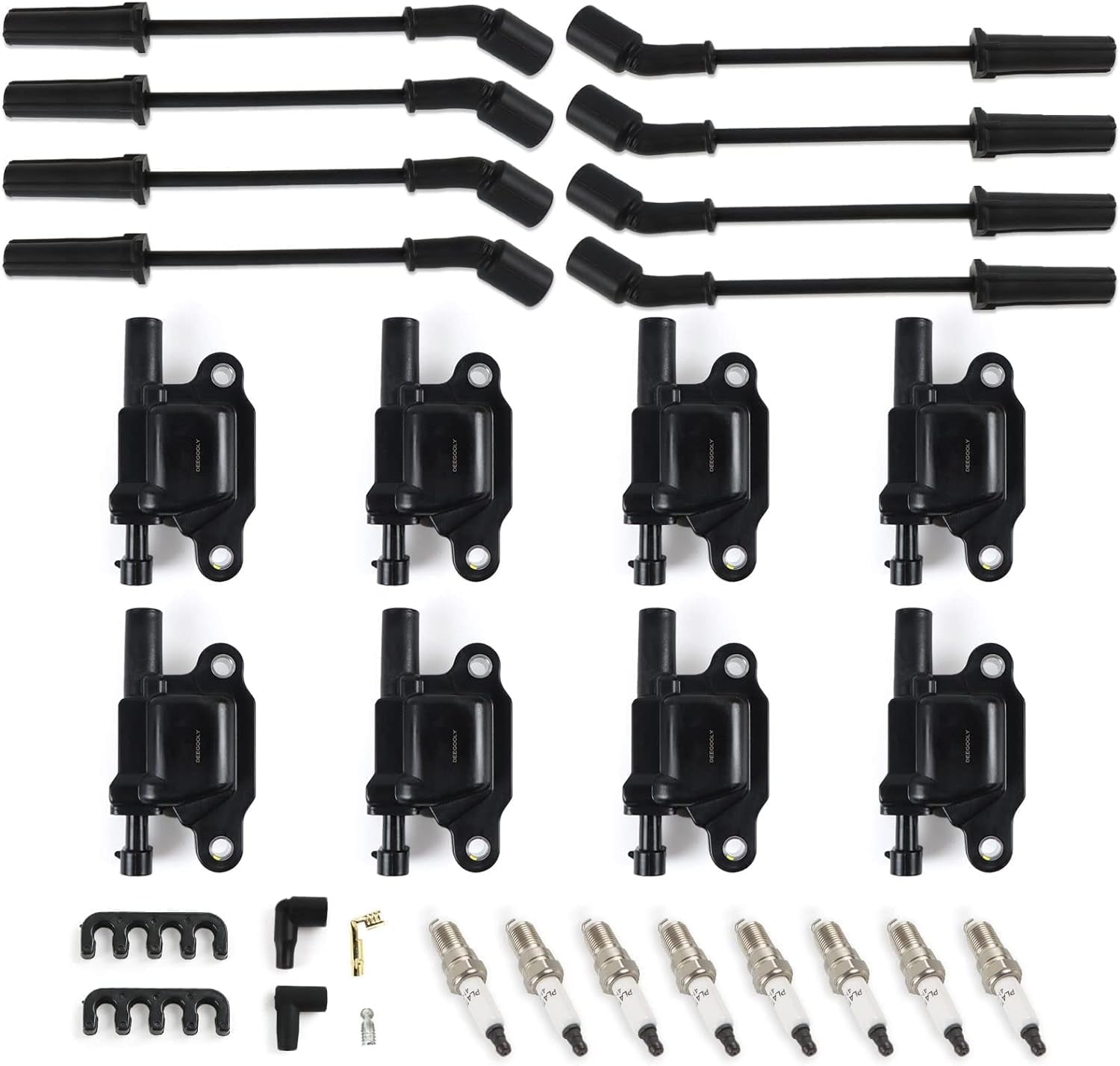 POLARPRA Ignition Coil Pack, Spark Plugs & Wires Set, Compatible with Cadillac CTS, Pontiac G8, Tahoe - 4.8L, 5.3L, 6.0L