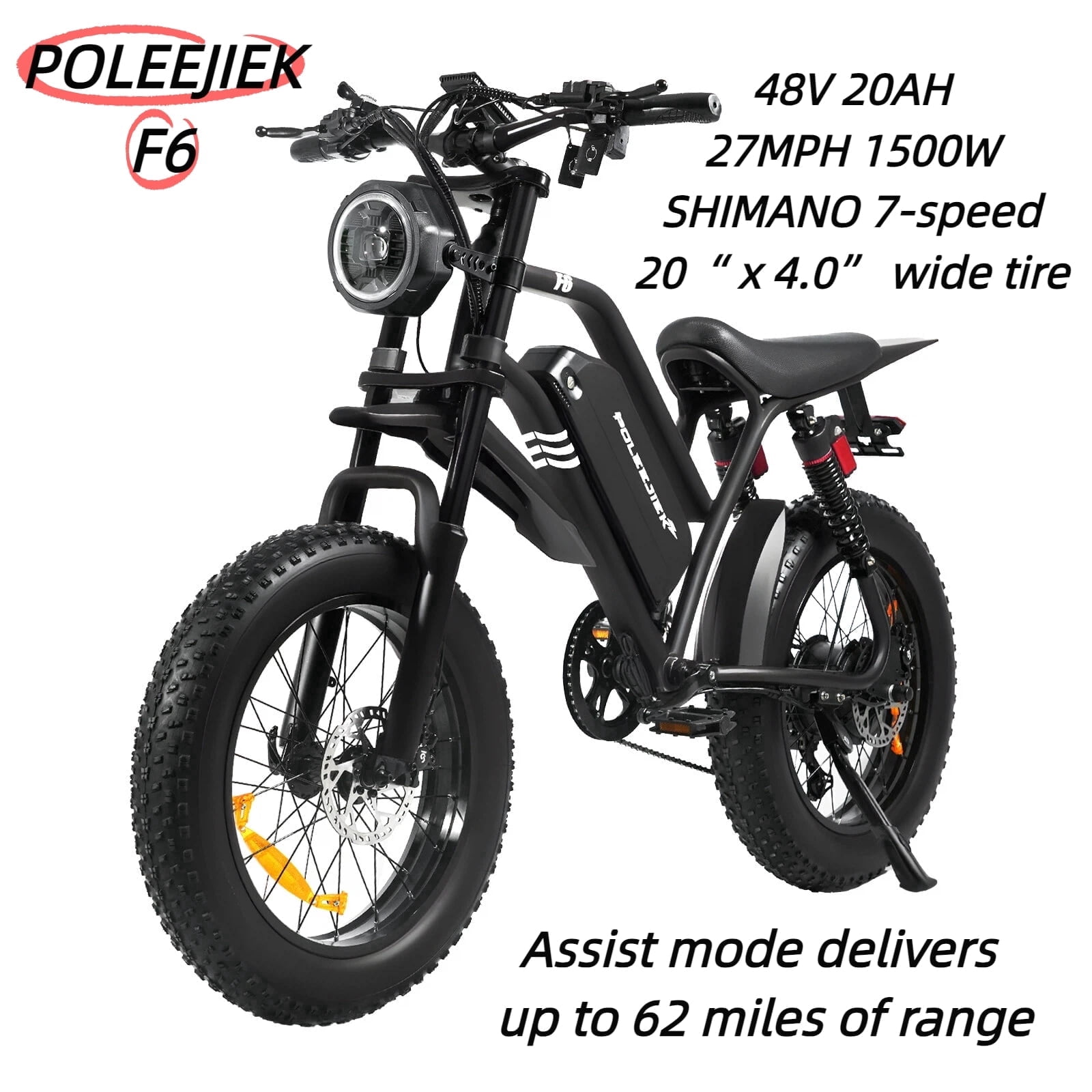 POLEEJIEK F6 Adult E-Bike, 1500W Brushless Motor, Up to 100-Mile Assisted Range, 48V 20AH Electric Mountain Bike, UL2849 Certified