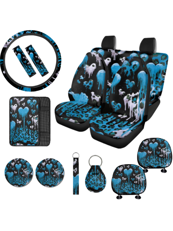 15 Pcs Blue Dripping Heart Leopard Car Interior Accessory Kit, Durable Soft Wear Resistant Full Seat Cover Set, Suitable for Cars Vans SUVs Sedans