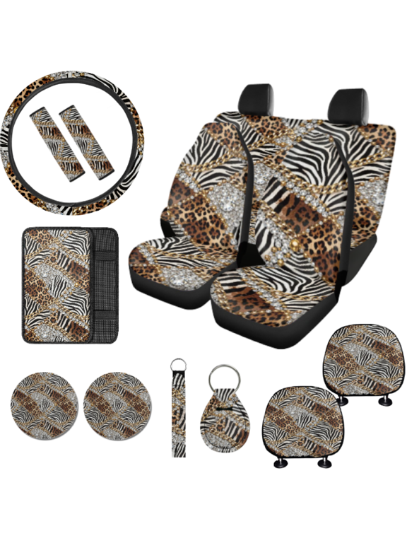 15 Pcs Mixed Animal Print with Gold Chain & Rhinestone Design Car Interior Accessory Kit, Easy To Install Durable Car Seat Cover Set, Suitable for Cars Trucks Sedan