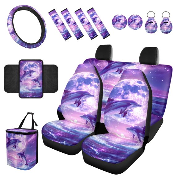 POLERO 15 Piece Car Seat Cover Full Set, Steering Wheel Cover, Seat Belt Pads, Cup Coasters, Car Trash Bag, Center Console Pad, Key Fob Holder for Suv and Sedan