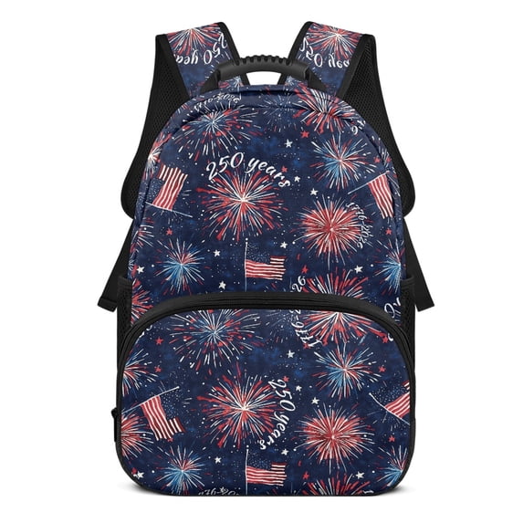 POLERO 17 Inch Backpack for Girls, Polyester Large Capacity Lightweight School Backpack, Patriotic Fireworks & American Flag Print