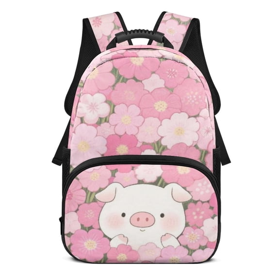 POLERO 17 Inch Backpack for Kids, Polyester Adjustable Straps Lightweight School Backpack, Cartoon Pig & Floral Print