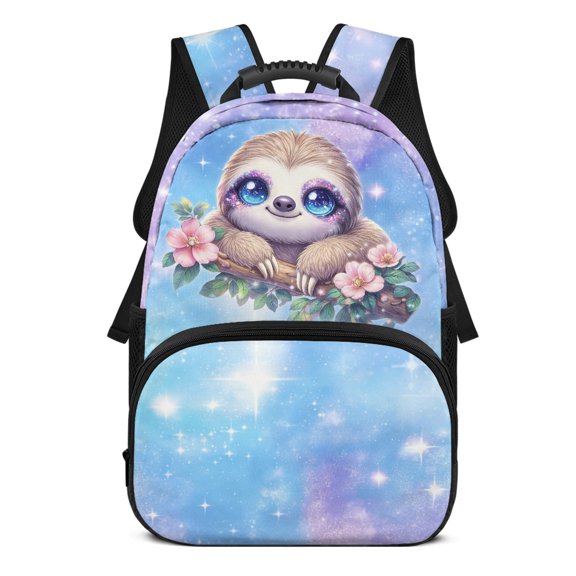 POLERO 17 Inch Bookbag for Kids, Polyester Lightweight Adjustable Shoulder Strap Backpack Daypack, Sloth Galaxy Flower Print